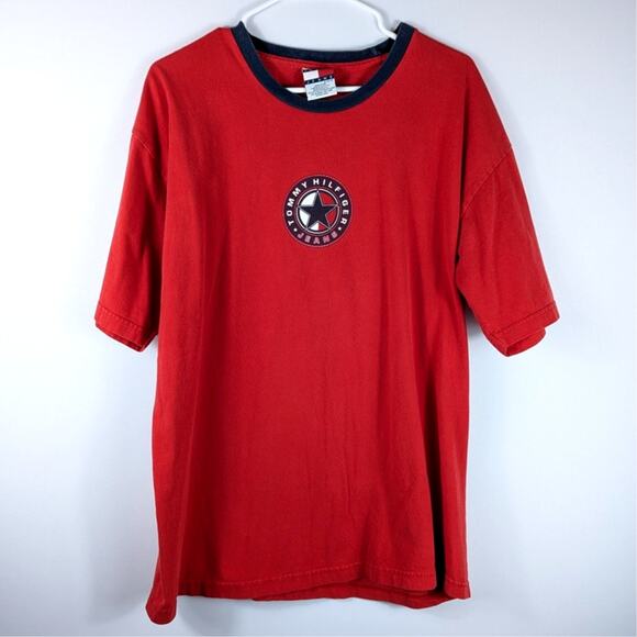 Tommy Jeans USA Made T Shirt Mens XL Red Spellout Logo Graphic Tee Vintage - Picture 2 of 3